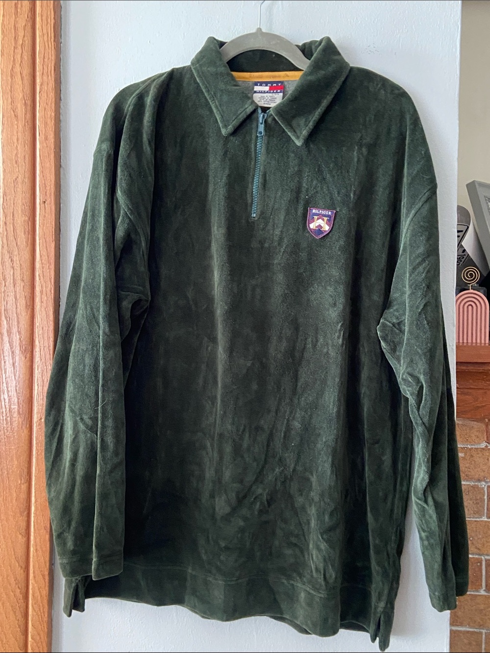 Vintage Tommy Hilfiger velour Polo Sport Dark Green Plush Quarter-Zip size L
